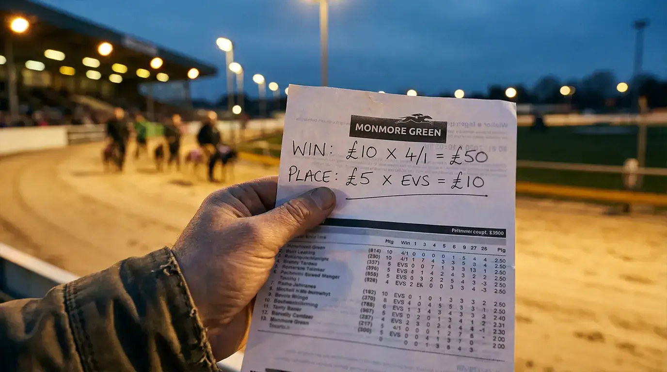 Each-way greyhound betting slip showing win and place calculations