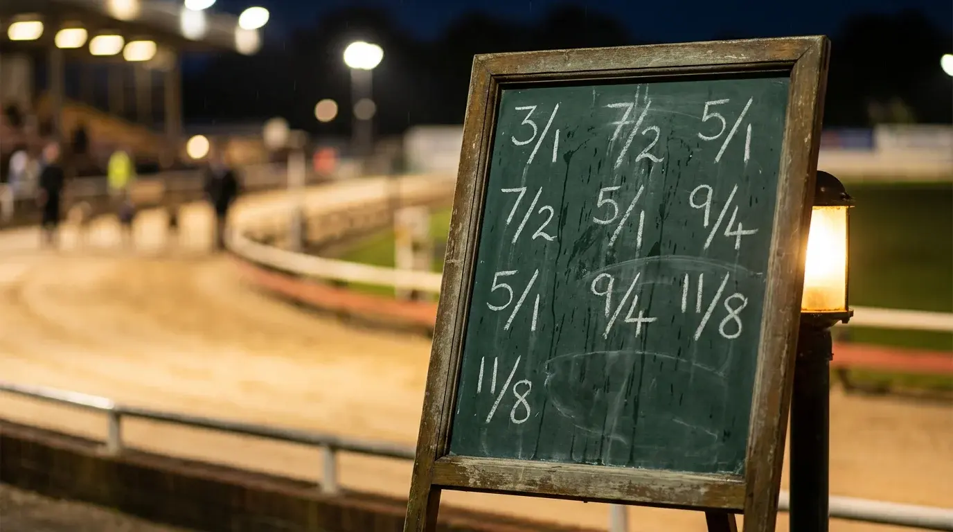 Bookmaker odds board at a UK greyhound racing track under floodlights