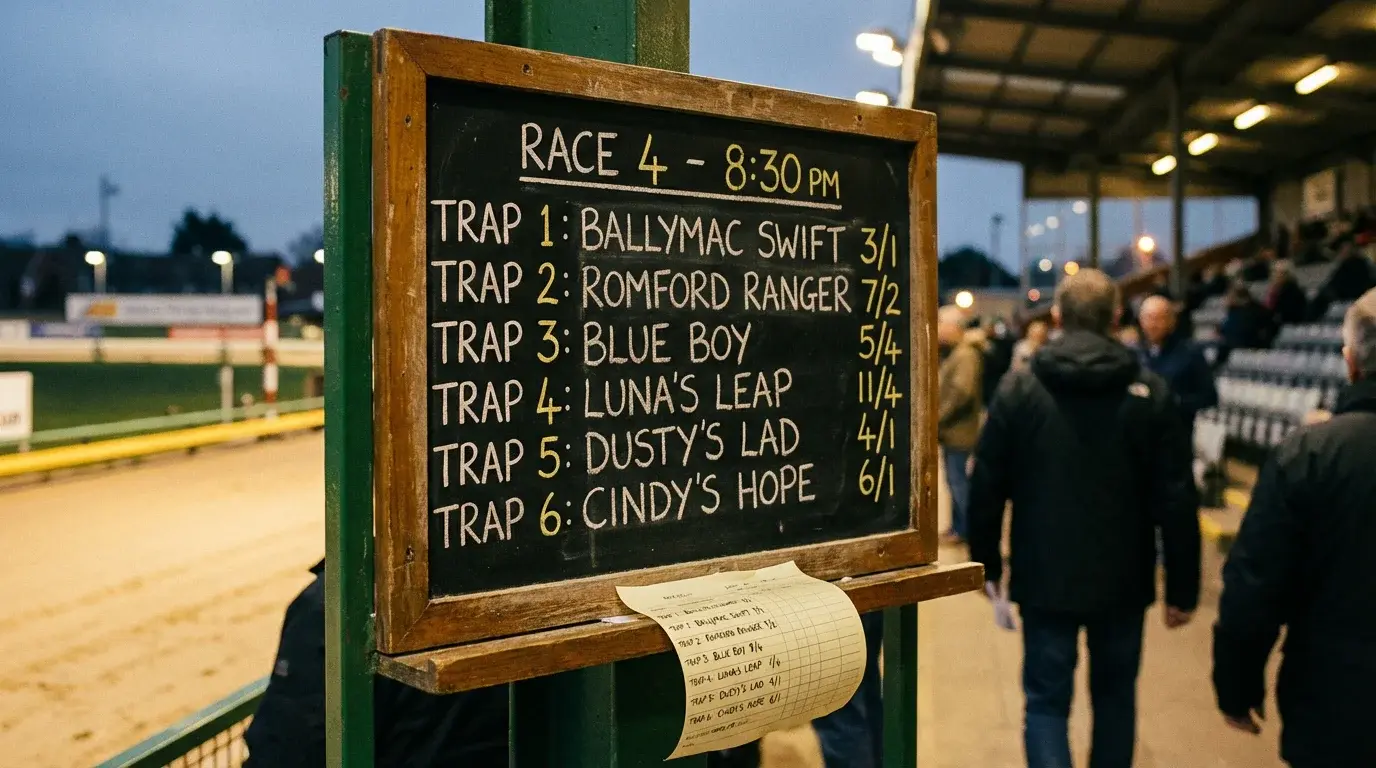 Betting slip and odds board at a UK greyhound racing stadium