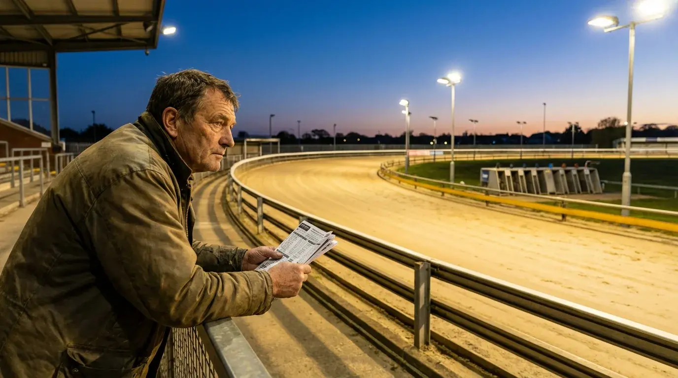 Punter studying greyhound form guide at a UK dog racing track