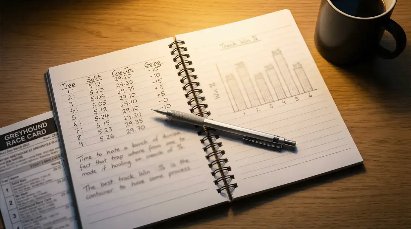 Open notebook with handwritten greyhound form analysis notes and track statistics