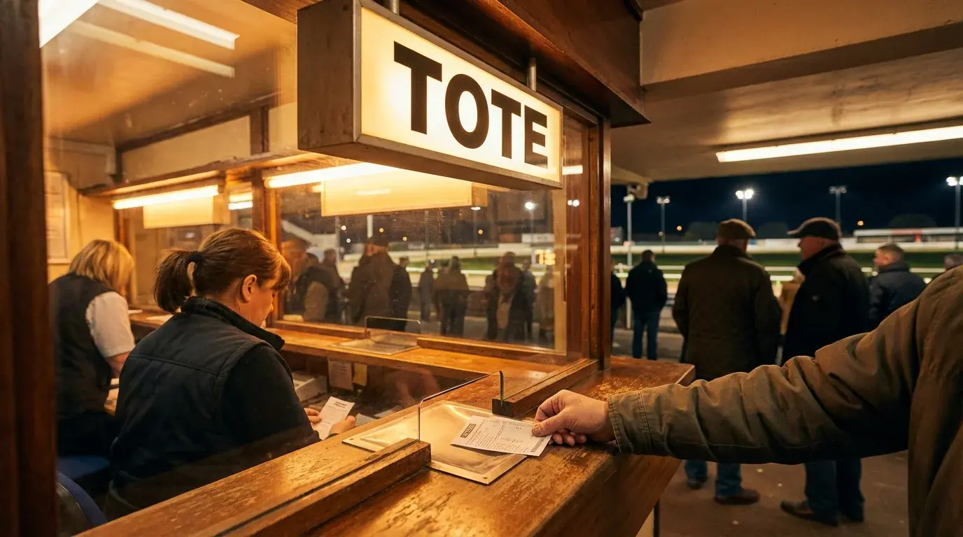 Tote pool betting board at a UK greyhound racing stadium