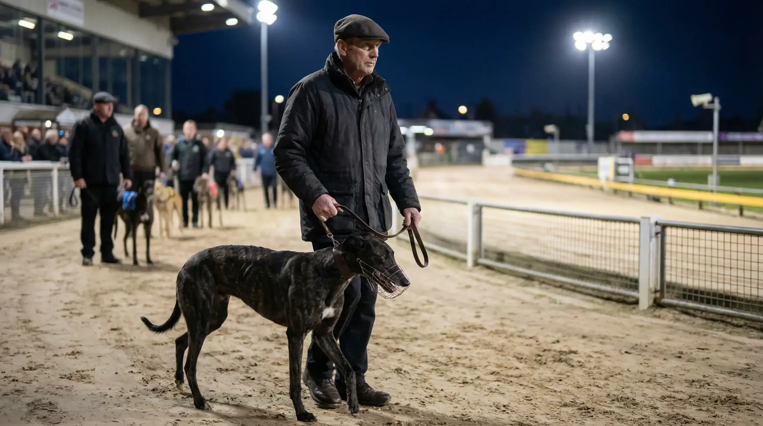Greyhound trainer preparing a racing dog at a UK licensed track