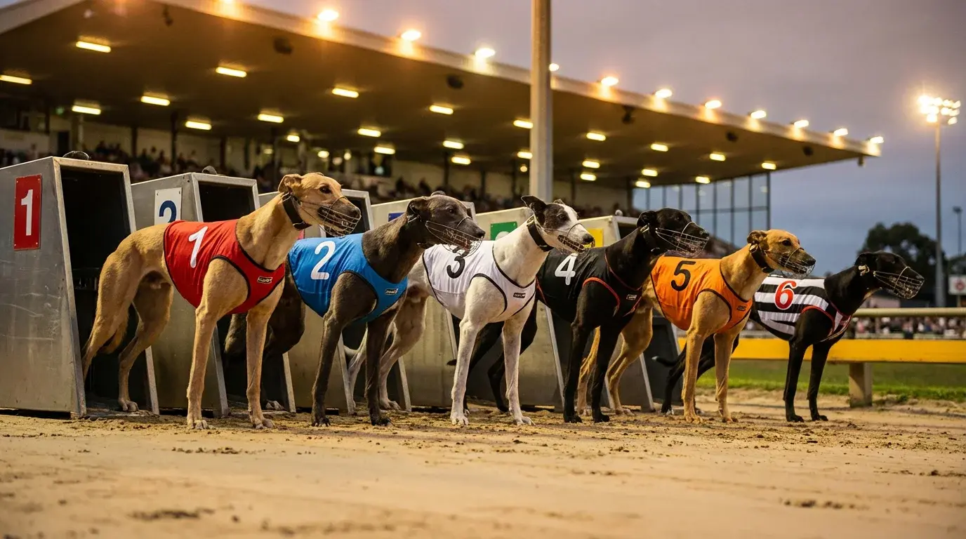 Greyhound trap colours and numbered jackets at a UK dog racing track