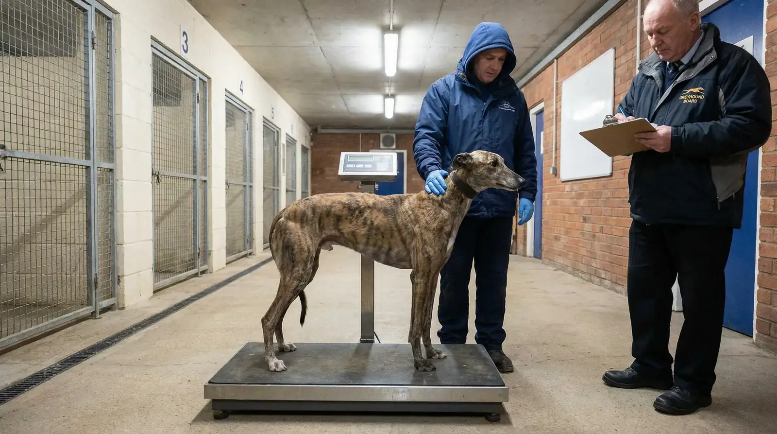 Greyhound being weighed before racing at a UK licensed track