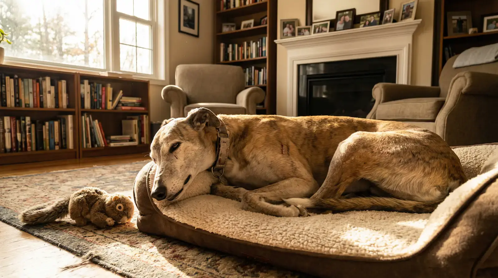 Retired greyhound in a rehoming centre after its UK racing career