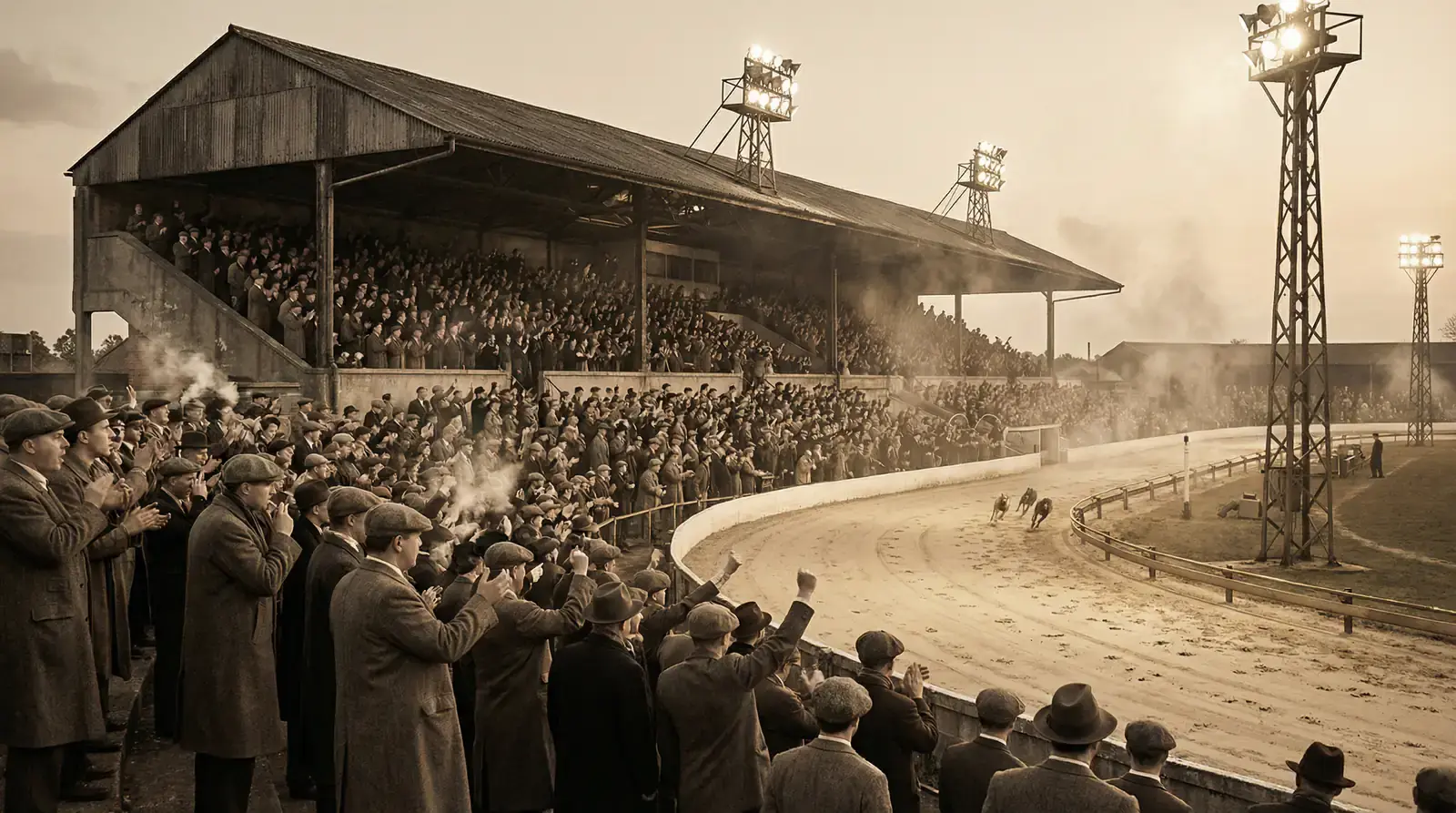 Historical black and white photo of early UK greyhound racing at Belle Vue