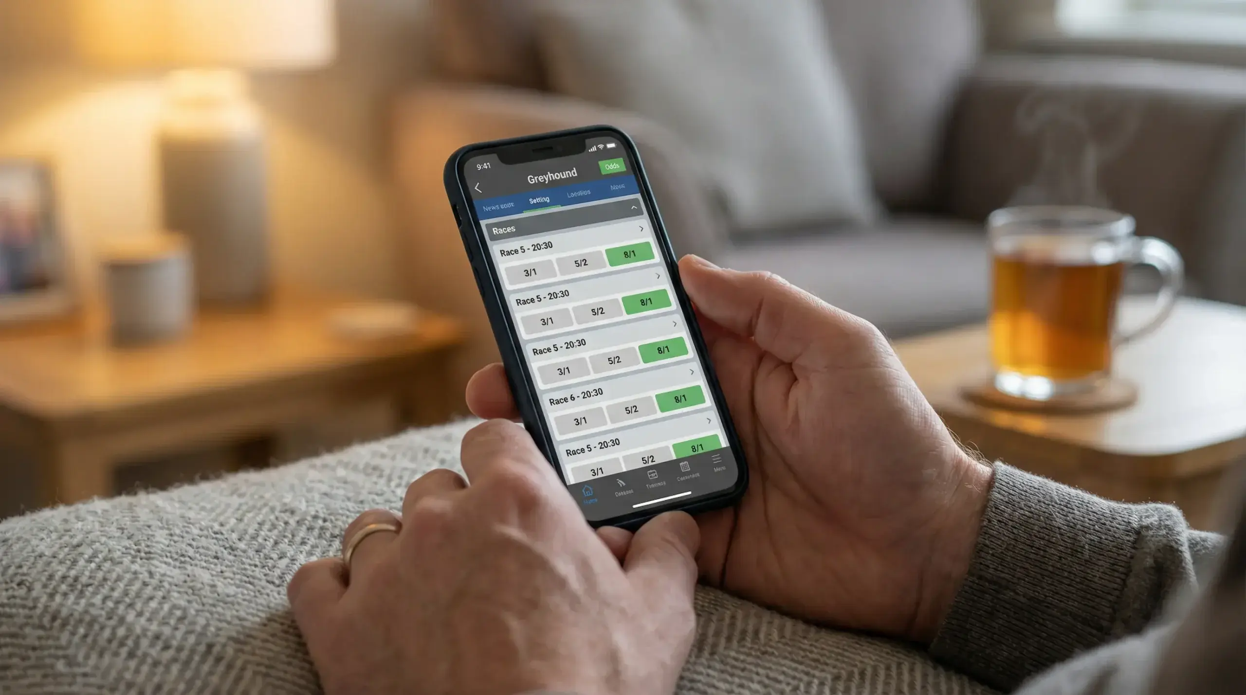 Placing a greyhound bet online via a UK bookmaker mobile app