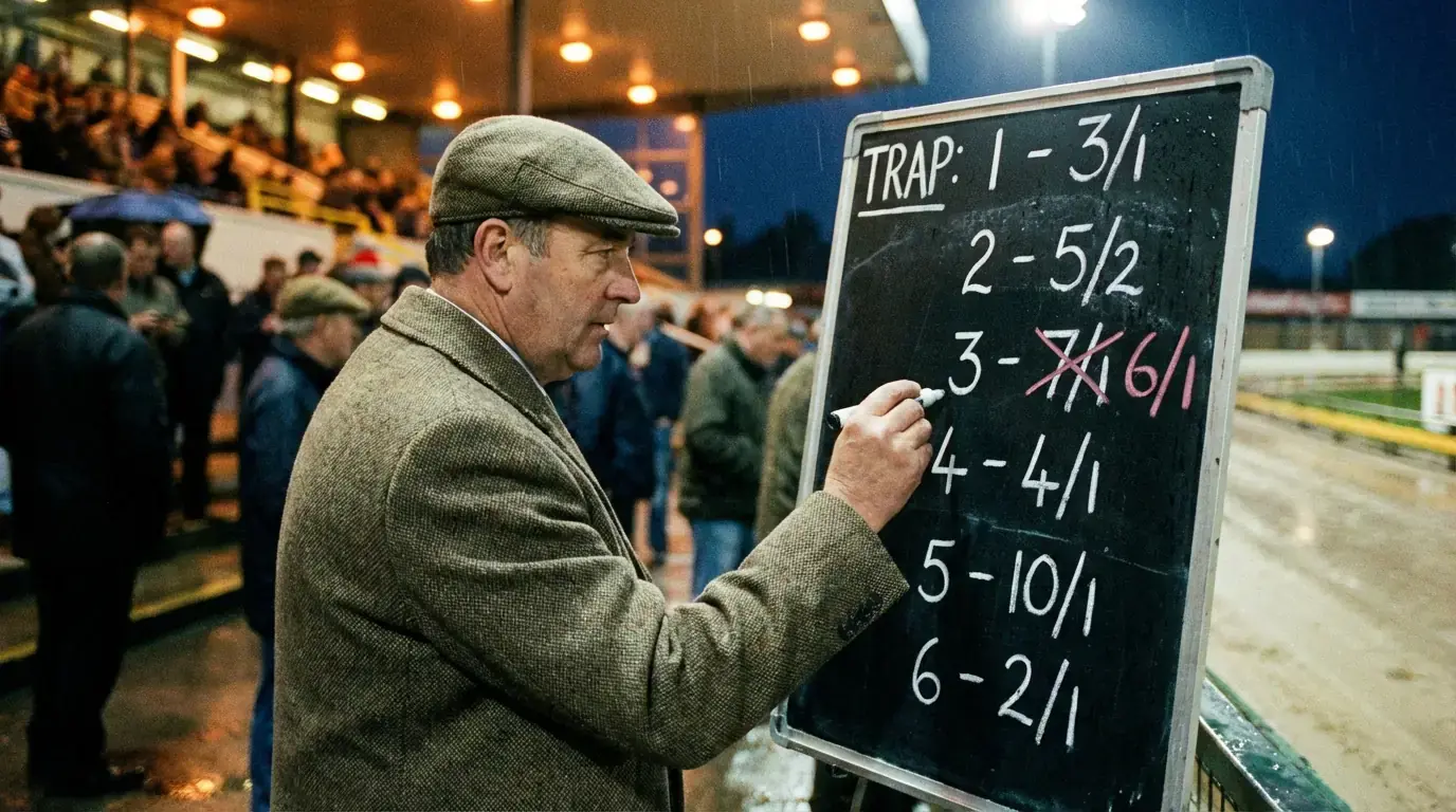 Starting Price odds board at a UK greyhound racing track before trap time