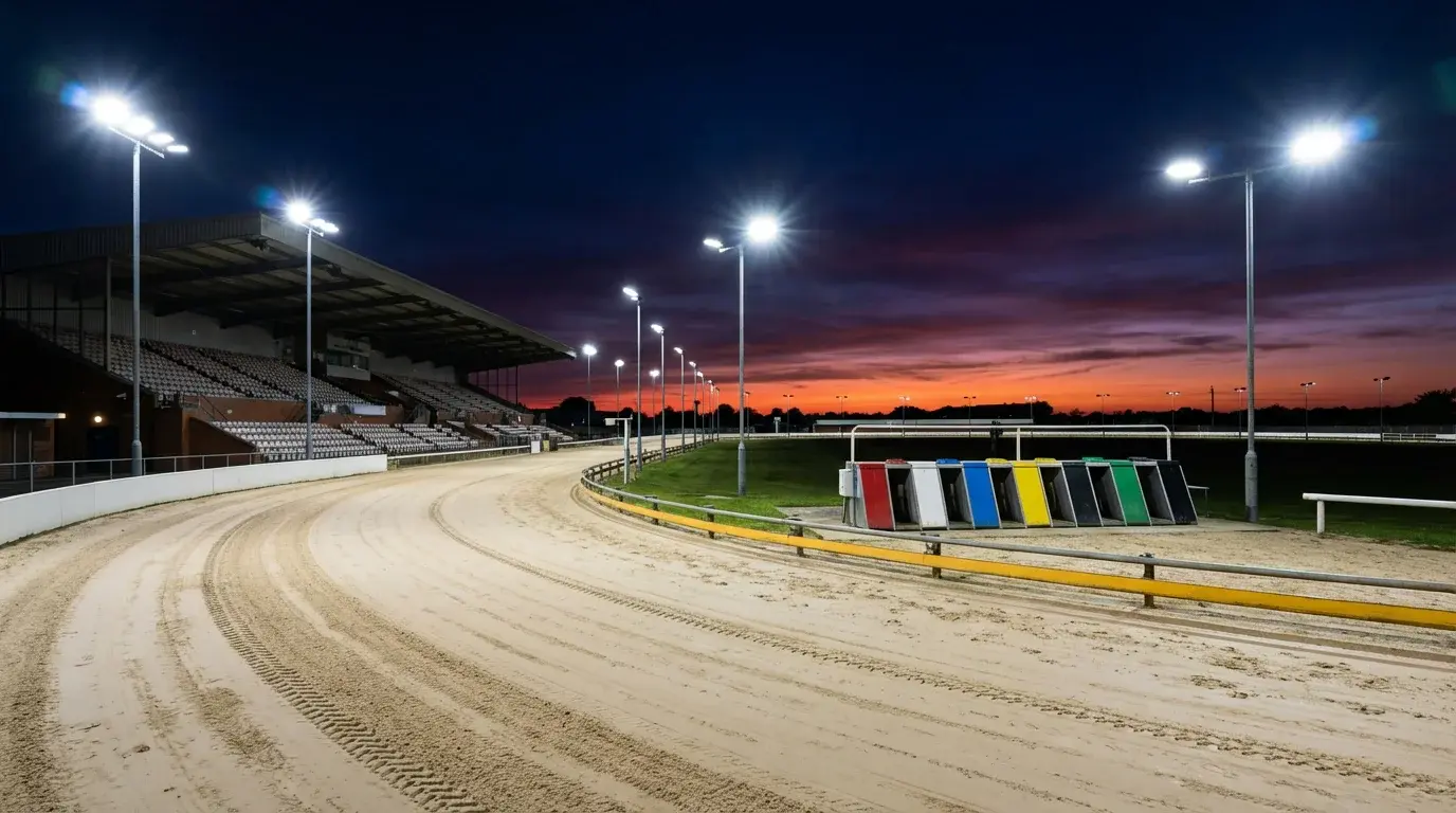 Floodlit greyhound racing stadium in the UK with sand track and starting traps