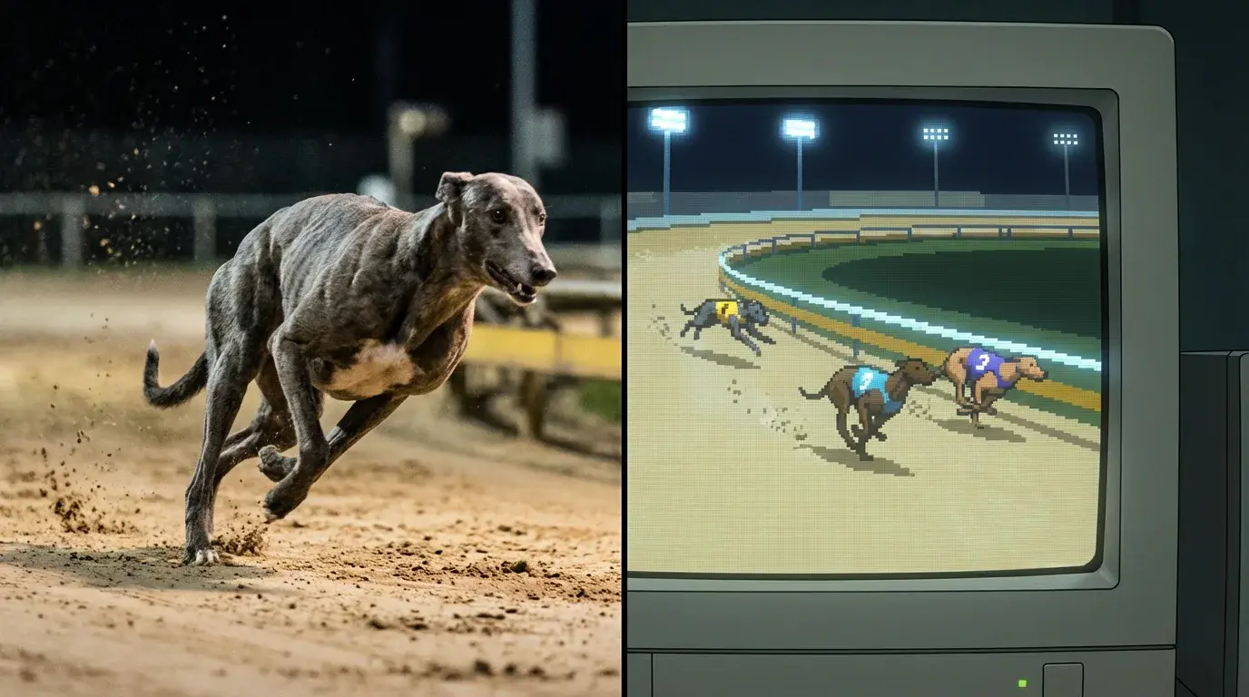 Split screen comparing virtual greyhound racing animation to real dog racing