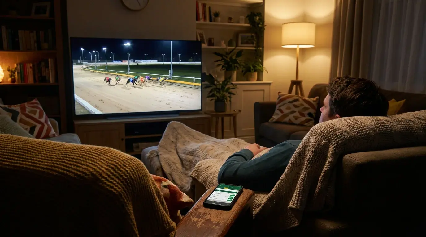 Live greyhound racing under floodlights at a UK GBGB-licensed stadium