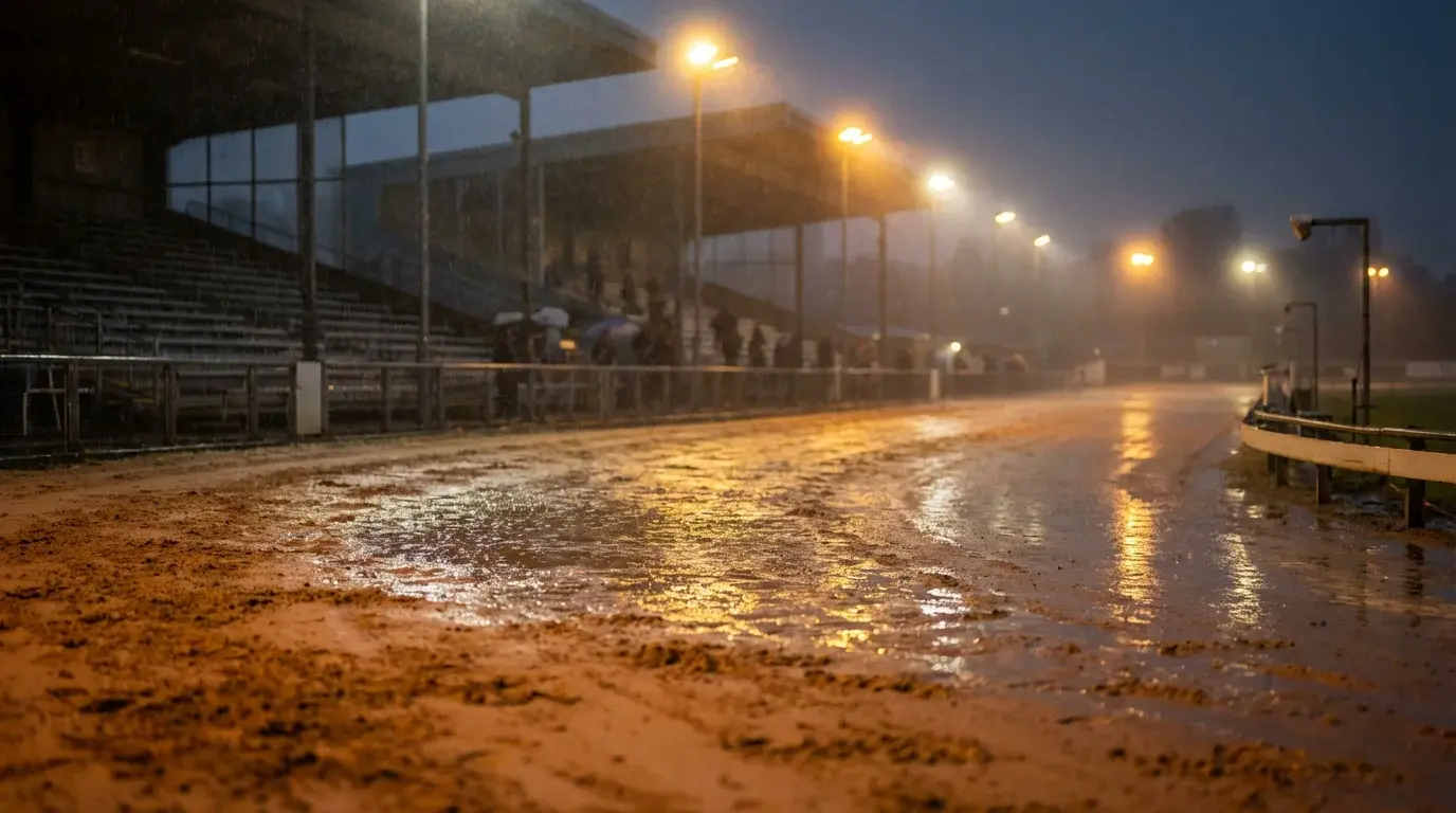 Rain-soaked greyhound sand track under floodlights affecting race conditions
